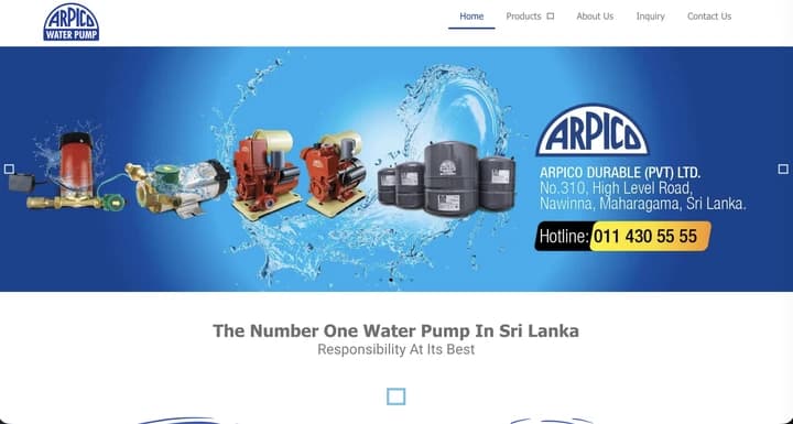 Arpico Water Pumps website screenshot