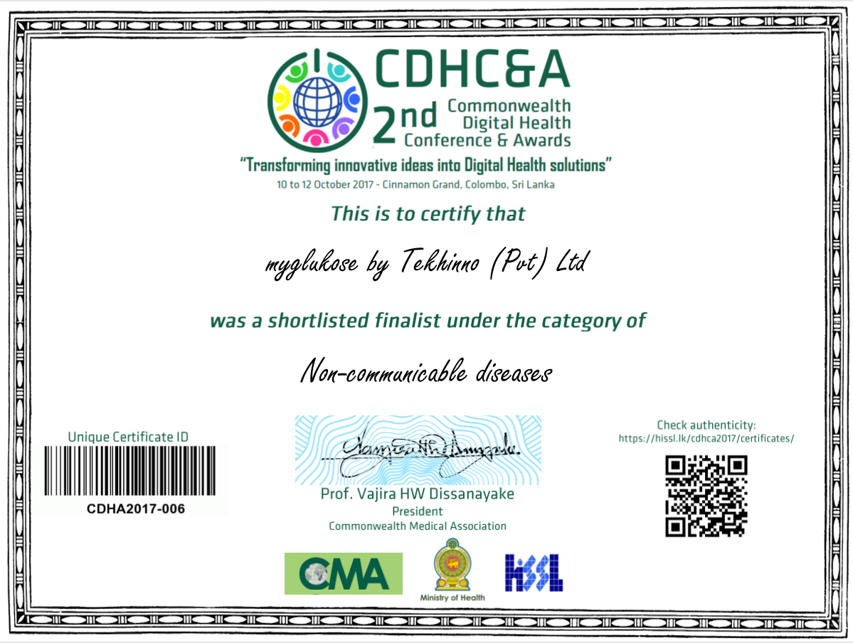 MyGlukose Commonwealth Digital Health Awards Certificate - Shortlisted Finalist 2017